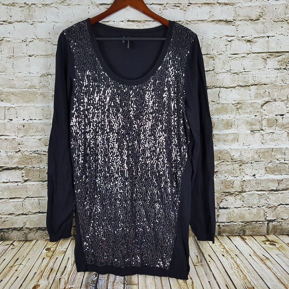 MAURICES Sweater Womens Size 1 Black W/ Sequins‎ SCOOP NECK Long Sleeve Career